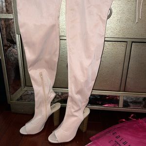 Soft nylon like cream/plush over knee boot